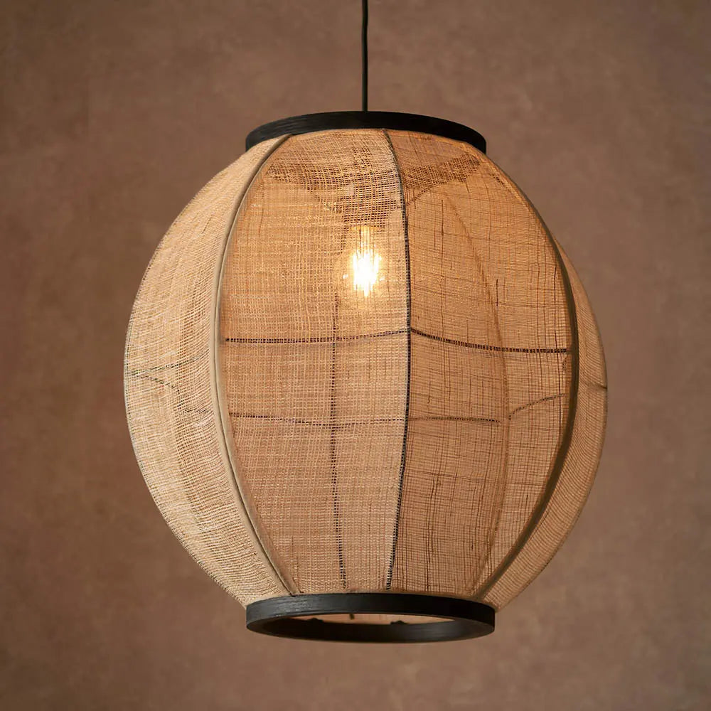 Zaire Large Pendant in Natural Linen, Dark Plywood & Matt Black - 101688 Endon