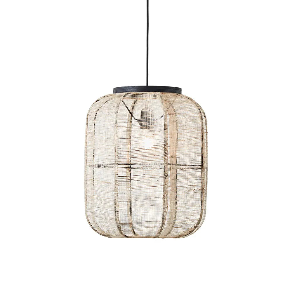 Zaire Medium Pendant in Natural Linen, Dark Plywood & Matt Black - 101689 Endon