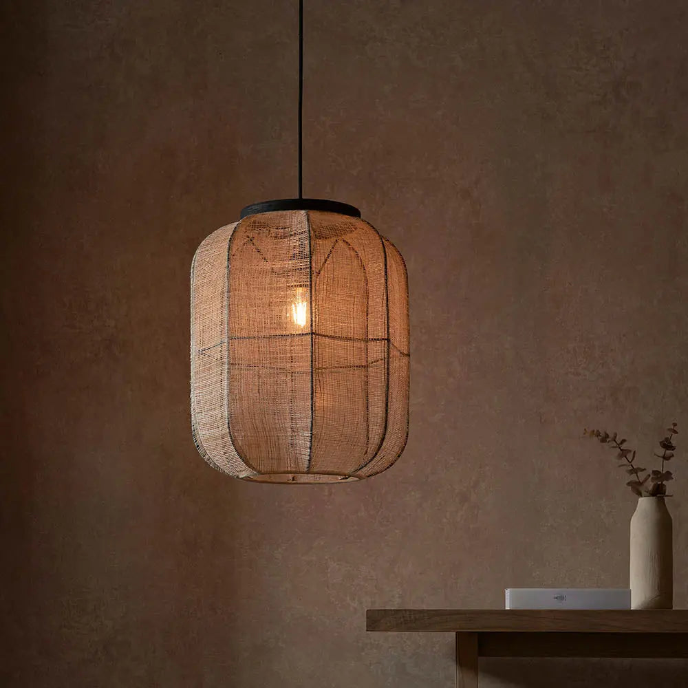 Zaire Medium Pendant in Natural Linen, Dark Plywood & Matt Black - 101689 Endon