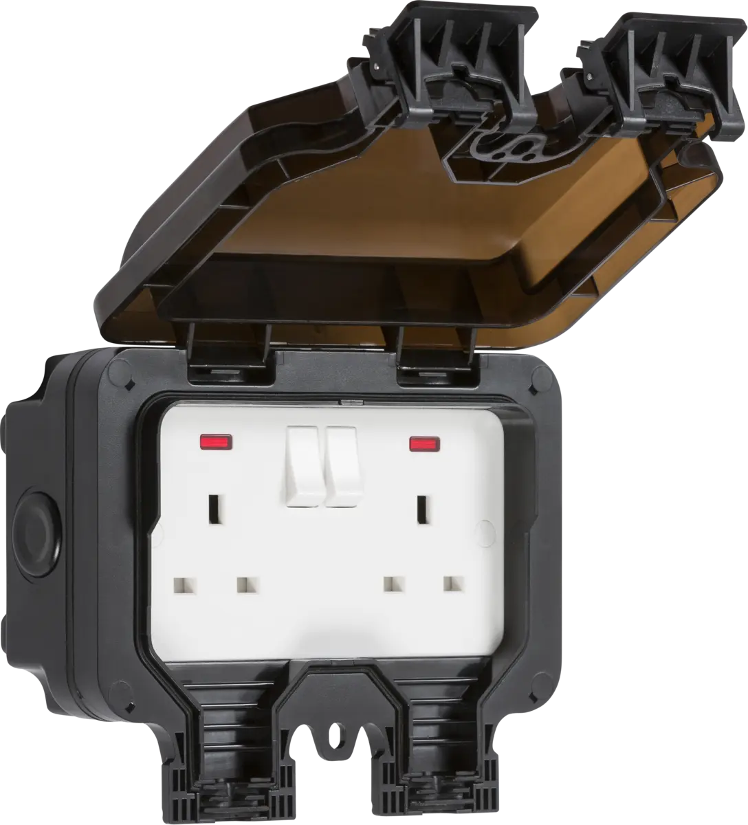 Outdoor Double Socket IP66 13A 2 Gang Double Pole Switched Socket with Neon - Black ML Knightsbridge