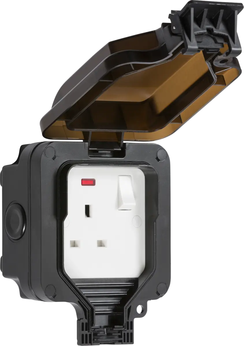 Outdoor Single Socket IP66 13A 1 Gang Double Pole Switched Socket with Neon - Black ML Knightsbridge