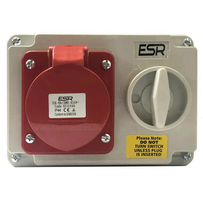 32 Amp 4 Pin Interlock Socket Switch 380V - 415V 3P+E Weatherproof IP44 SI32444 ESR