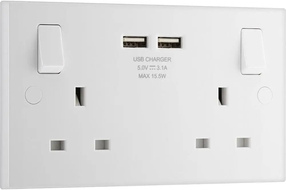 BG Electrical White Double Socket USB 2x -A 3.1A Square Edge 2 Gang 13A Switched 922U3 BG (British General)
