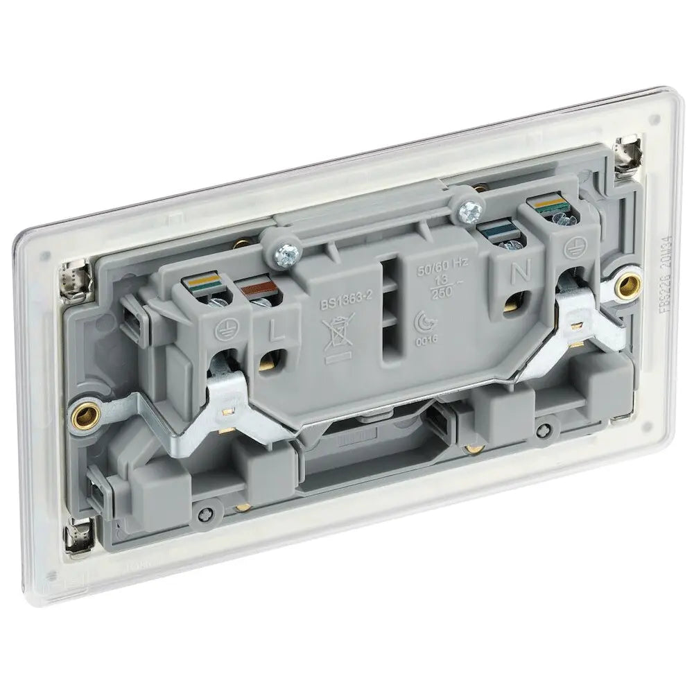 BG Nexus Screwless Flat Plate Brushed Steel Double Socket FBS22G Grey Inserts 13Amp BG Nexus