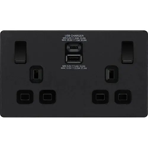 BG Evolve Matt Black Screwless USB Double Socket Type A+C PCDMB22UAC30B BG (British General)