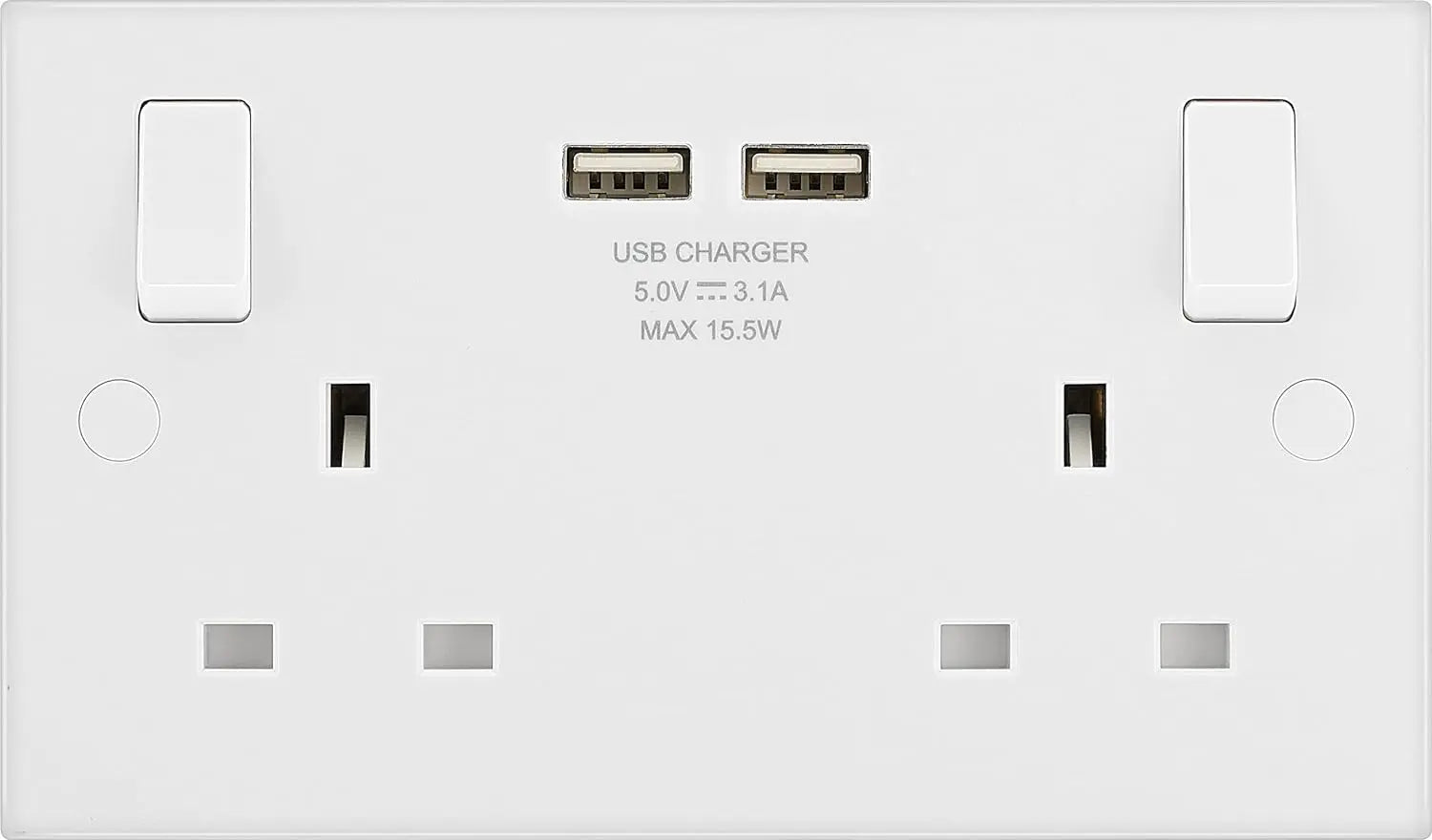 BG Electrical White Double Socket USB 2x -A 3.1A Square Edge 2 Gang 13A Switched 922U3 BG (British General)