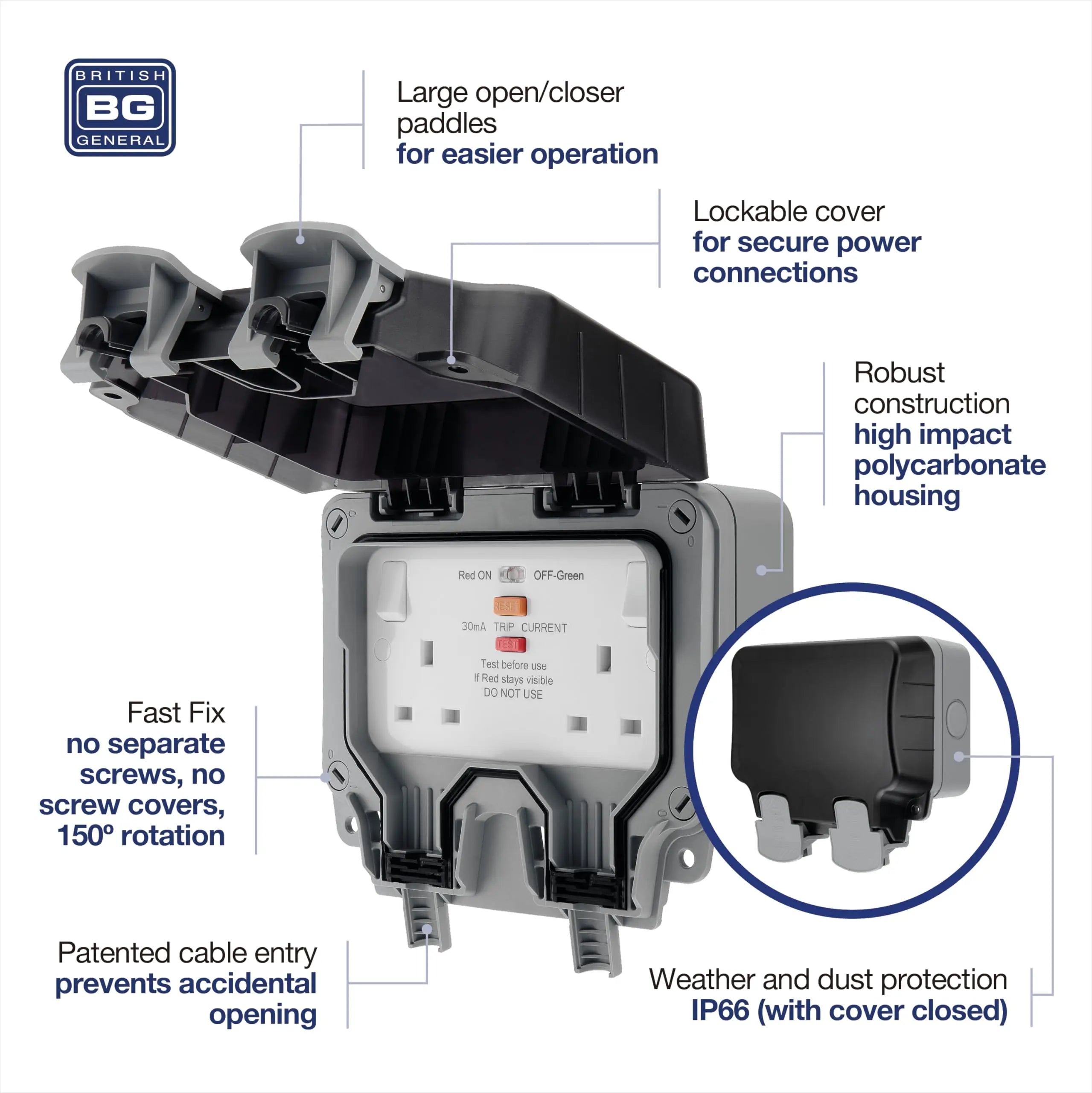 BG IP66 13A 2-Gang RCD Switched Outdoor Socket - WP22RCD BG Electrical