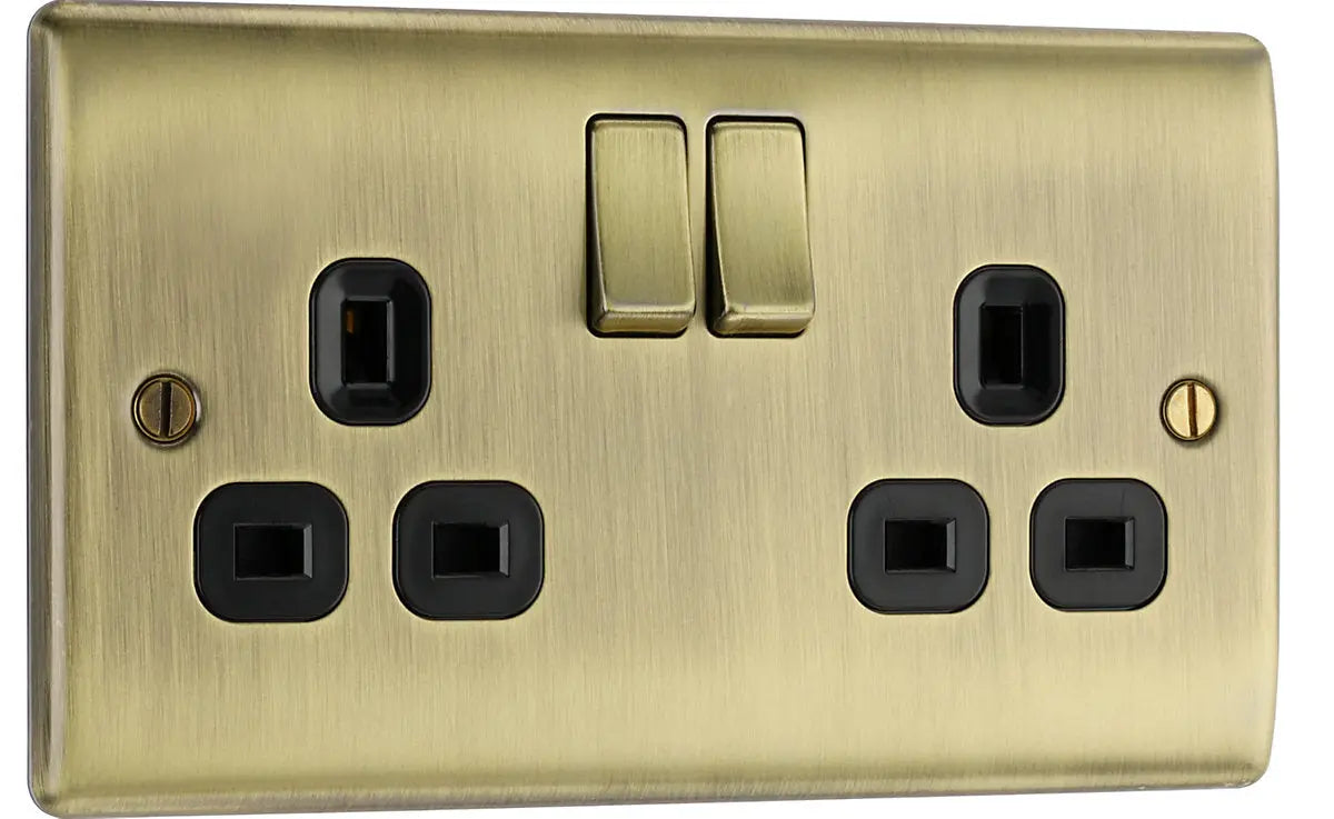 BG NAB22B(10) Nexus Metal | 10 Pack | Antique Brass - Black Insert | 13A | 2 Gang Switched Double Socket BG (British General)