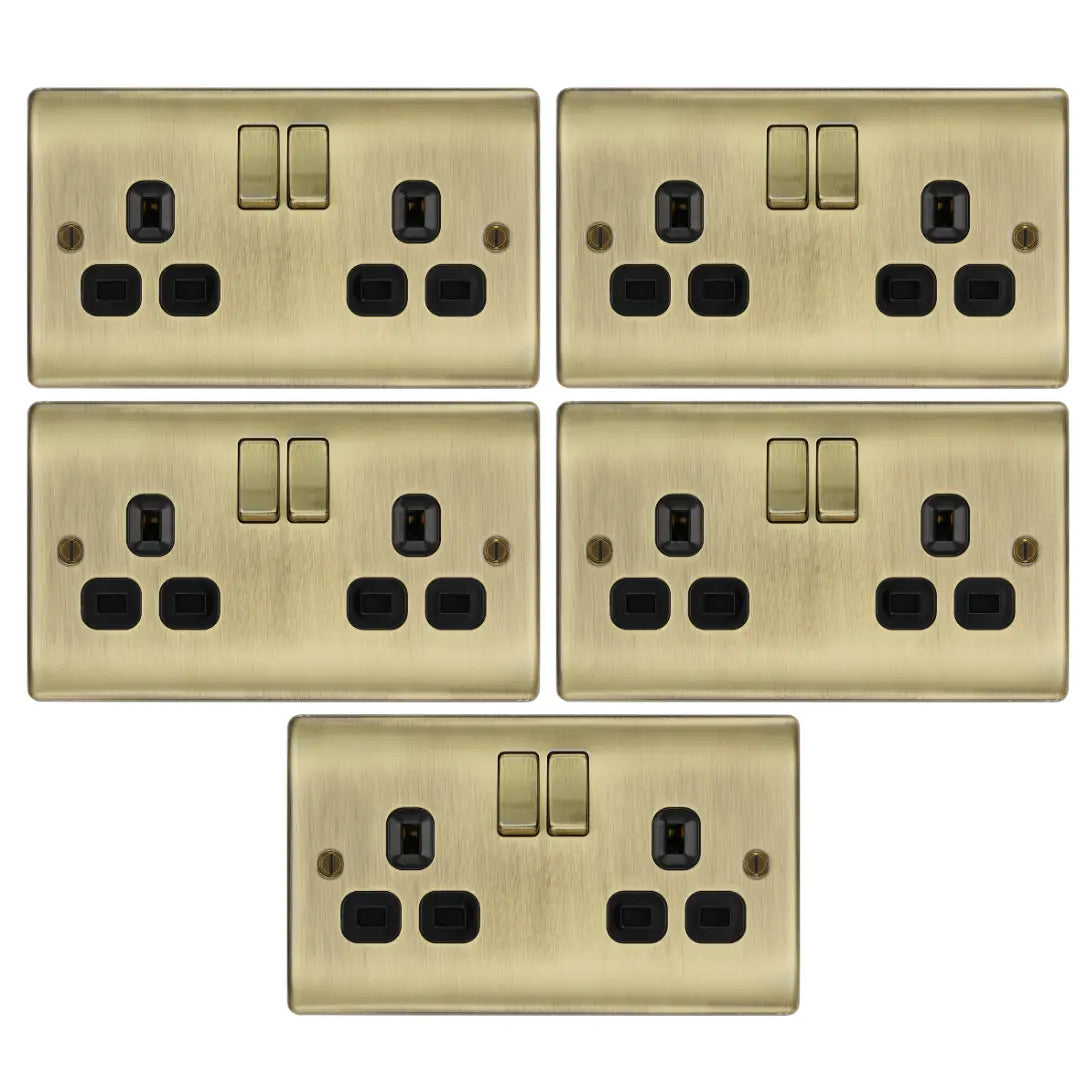 British General Nexus Metal 13A 2-Gang DP Switched Plug Sockets Antique Brass - 5 Pack BG Nexus