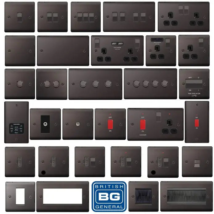 BG Nexus Black Nickel Switches and Sockets Black Inserts Full Range ACAS Electrical