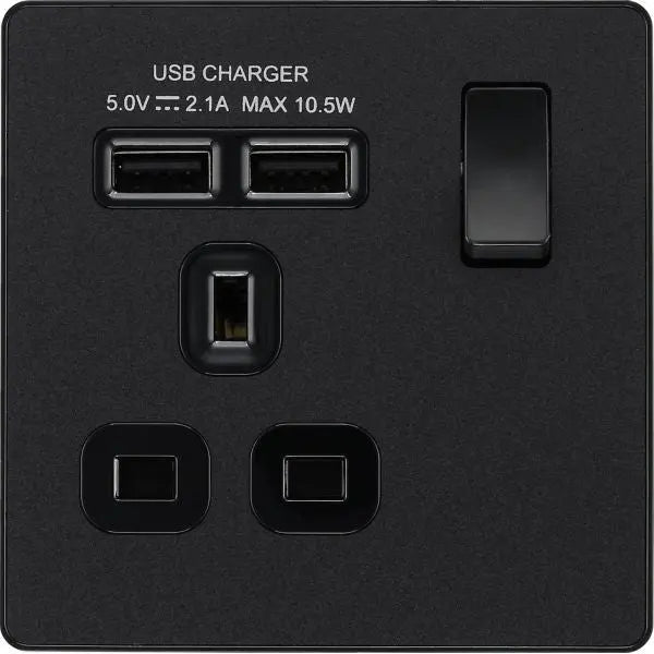 BG Evolve Matt Black Screwless Single Socket with USB PCDMB21U2B BG (British General)