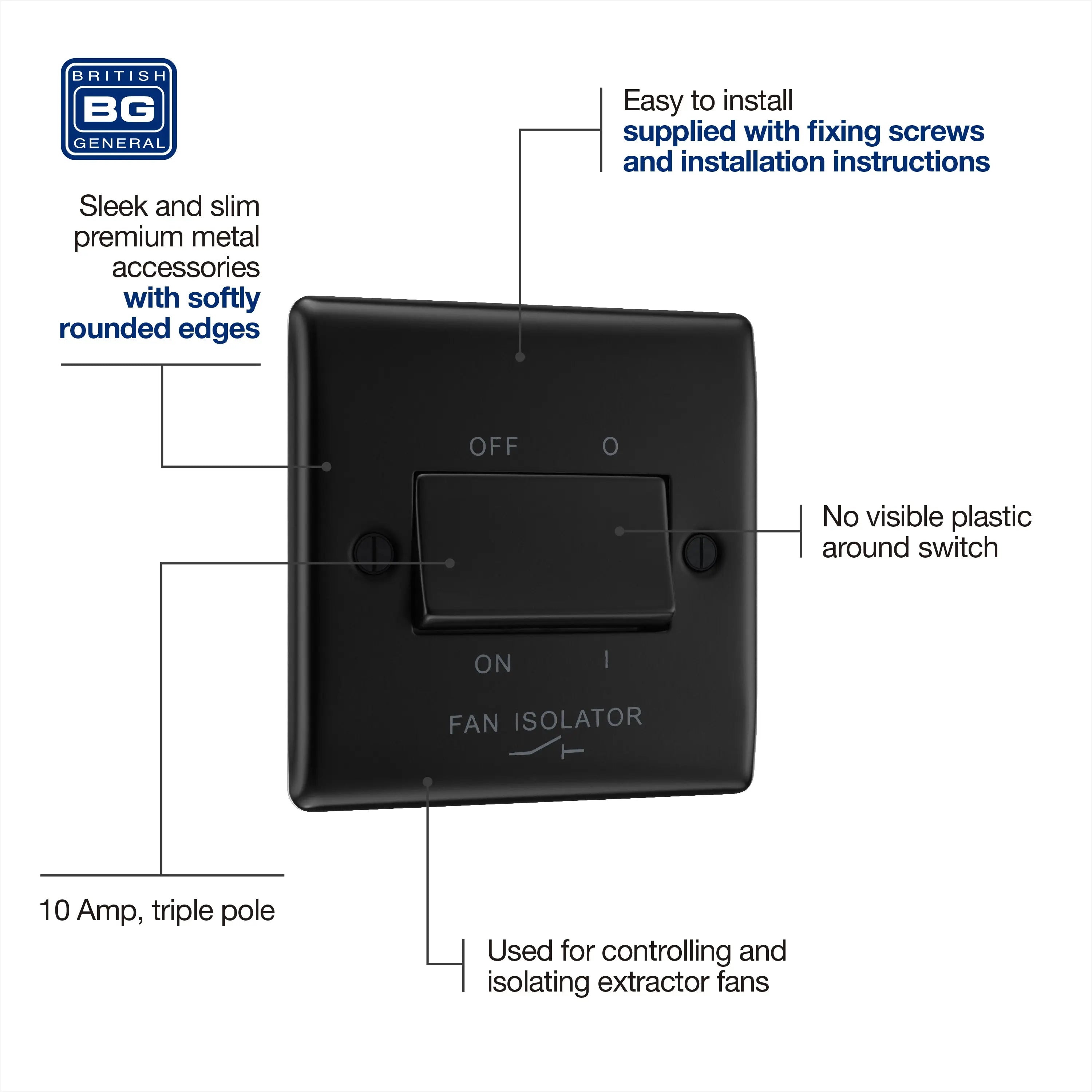 BG Nexus Metal Matt Black 1 Gang 10A Triple Pole Fan Isolator Switch - NFB15 BG Nexus