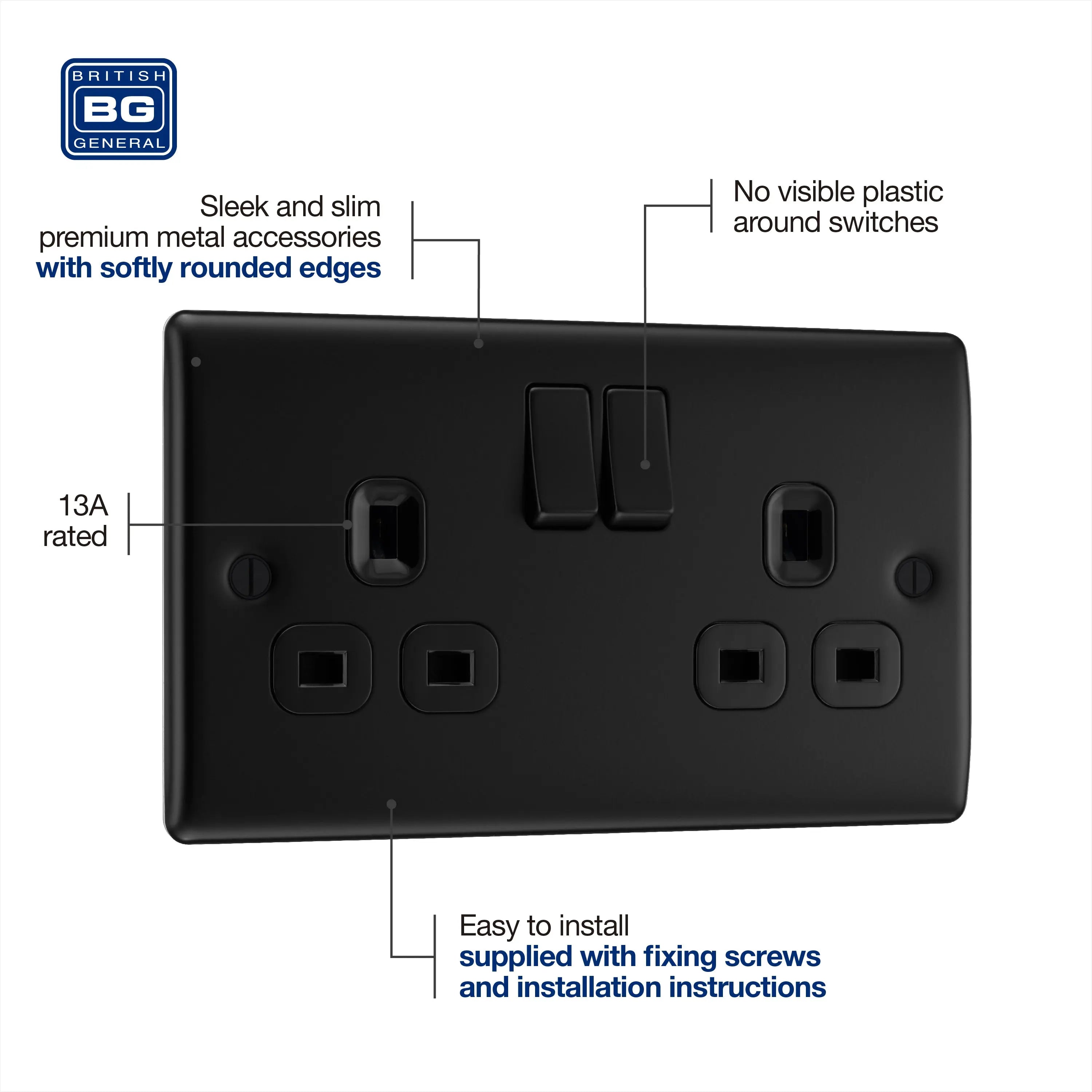 BG Nexus Metal Matt Black Double Socket 2 Gang 13A Double Pole Switched Socket - NFB22B BG Nexus