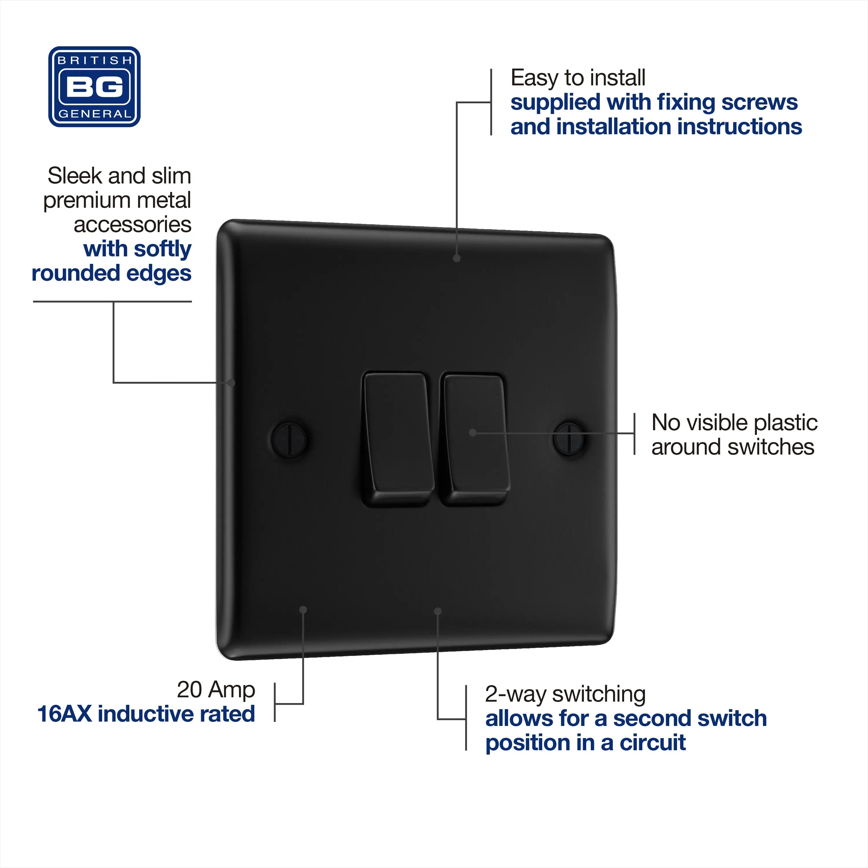 BG Nexus Metal Matt Black 2 Gang 20A 16AX 2 Way Plate Switch - NFB42 BG Nexus