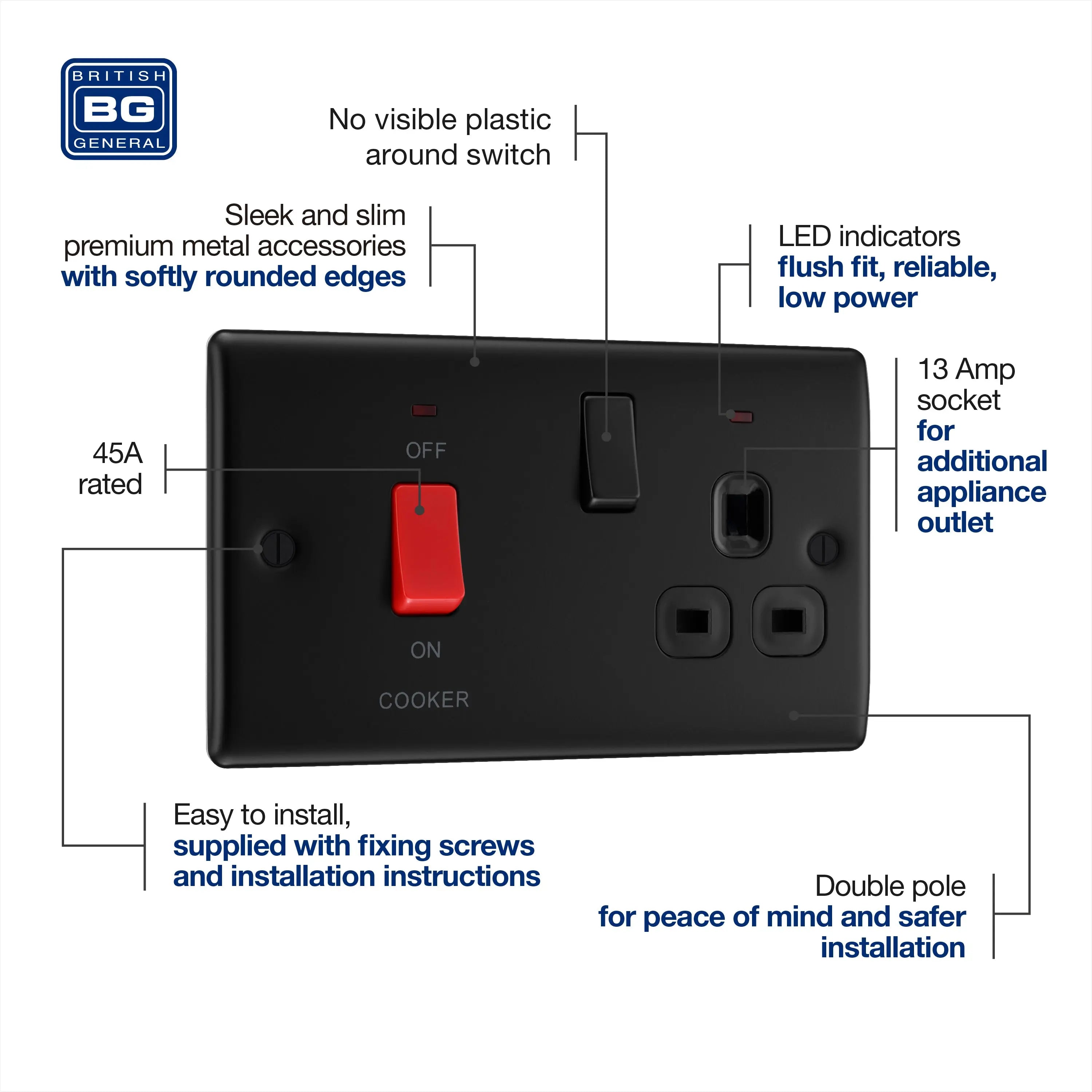 BG Nexus Metal 45 Amp DP Cooker Switch with Socket & Neon in Matt Black with Black Inserts BG Nexus