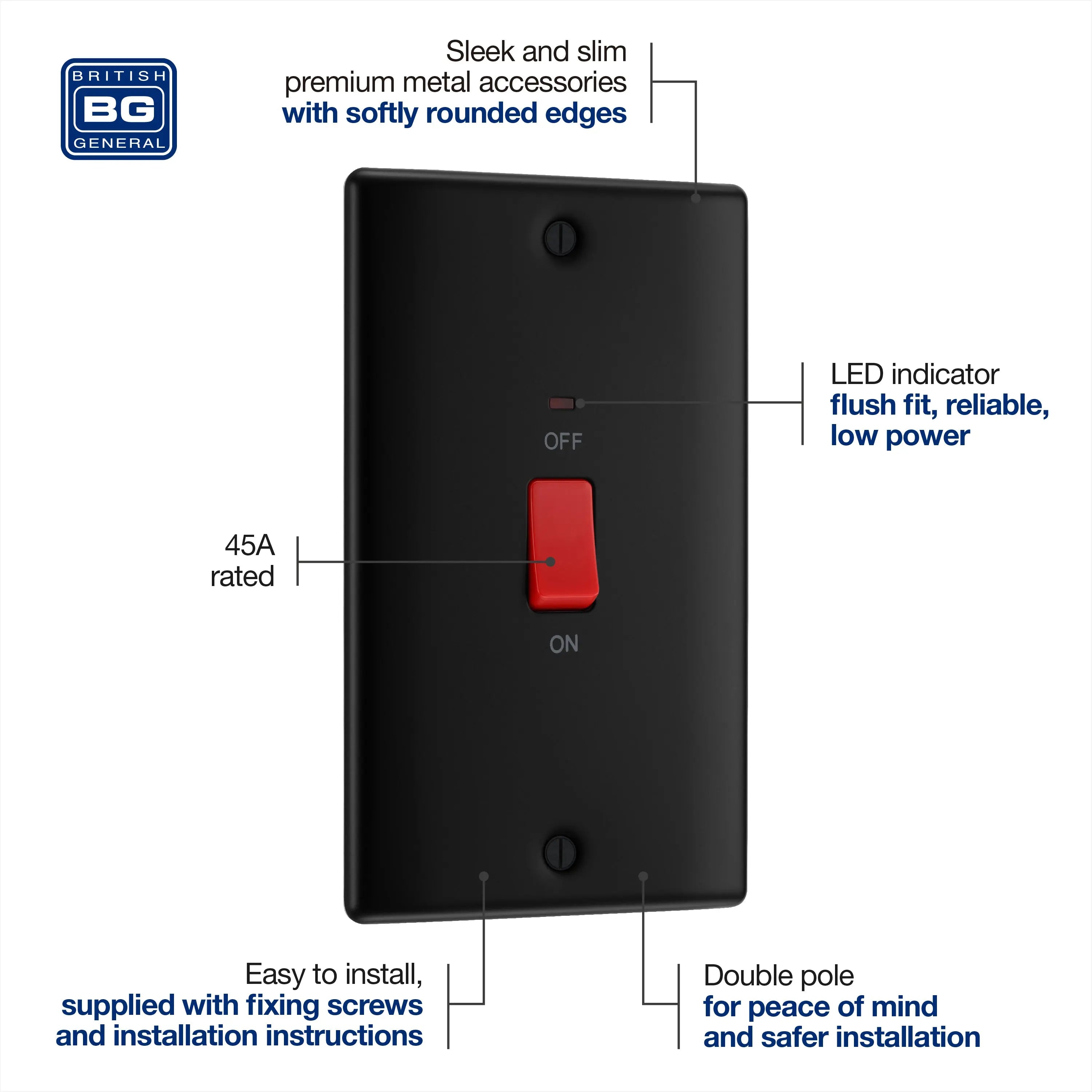 BG Nexus Metal 45 Amp Vertical DP Switch with Neon in Matt Black BG Nexus