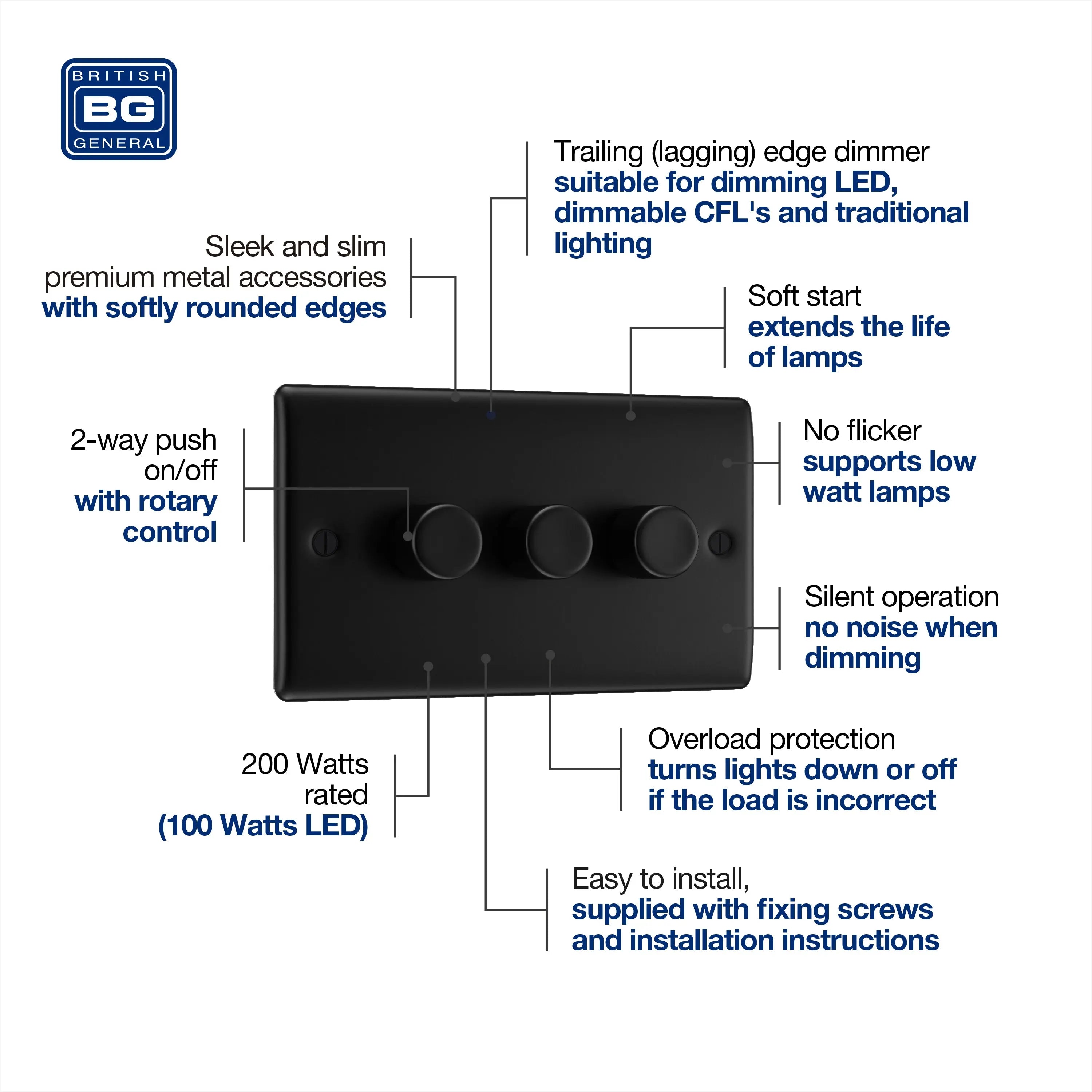 BG Nexus Metal 3 Gang Dimmer Switch in Matt Black - NFB83 BG Nexus