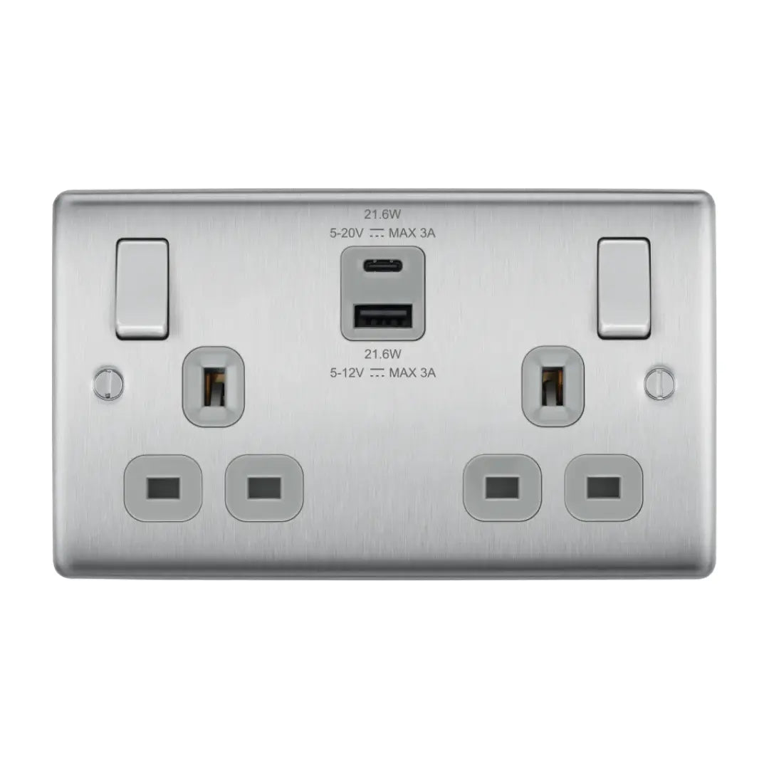 BG Nexus NBS22UAC22G Brushed Steel Double Socket with USB 22W Type A & Type C USB BG Nexus
