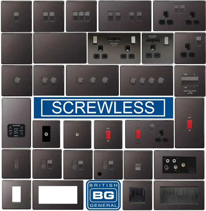 BG Nexus Screwless Flat Plate Black Nickel Switches and Sockets Black Inserts Full Range BG Nexus