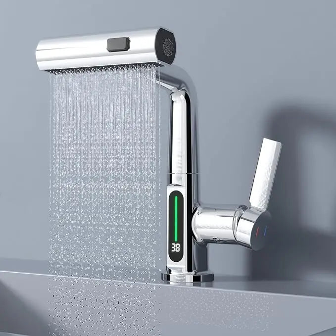 Modern Single Hole Basin Faucet with Waterfall, Pull Out Sprayer and LED Temperature Display, Chrome Silver ACAS Electrical