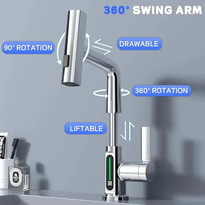 Modern Single Hole Basin Faucet with Waterfall, Pull Out Sprayer and LED Temperature Display, Chrome Silver ACAS Electrical