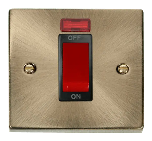 Click Deco Antique Brass 1 Gang 45A DP Switch With Neon with Black Insert – VPAB201BK