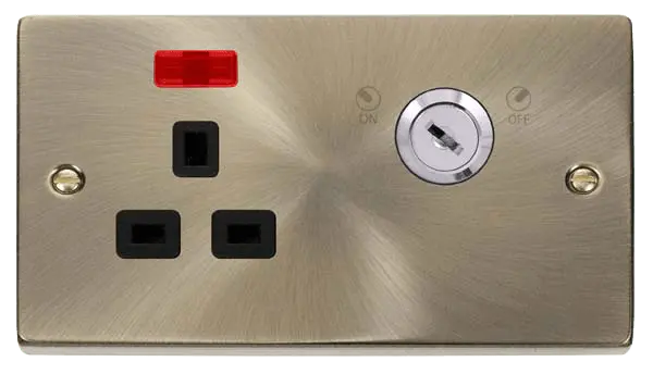 Click Deco Antique Brass 13A 1G DP LOCKABLE SKT W NEON DECO AB BK with Black Insert – VPAB655BK