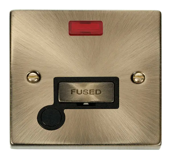 Click Deco Antique Brass 13A Fused 'Ingot' Connection Unit With Flex Outlet & Neon with Black Insert – VPAB553BK
