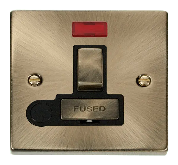 Click Deco Antique Brass 13A Fused 'Ingot' Switched Connection Unit With Flex Outlet & Neon with Black Insert – VPAB552BK