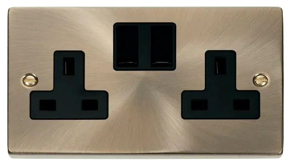 Click Deco Antique Brass 2 Gang 13A DP Switched Socket Outlet with Black Insert – VPAB036BK