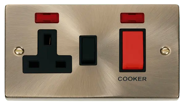 Click Deco Antique Brass 45A DP Switch + 13A Switched Socket & Neons (2) with Black Insert – VPAB205BK