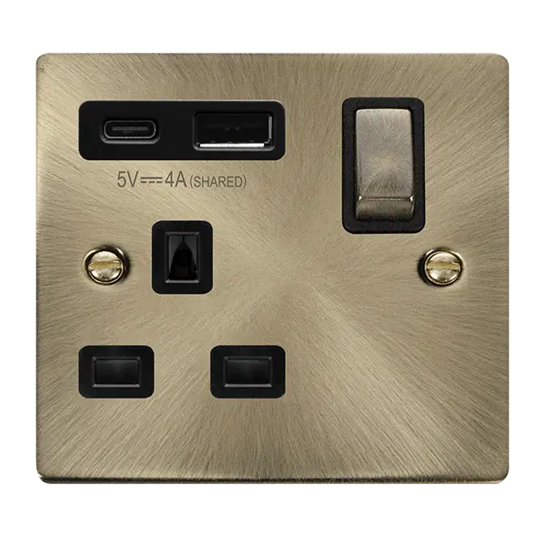 Click Deco Antique Brass DECO 'INGOT' 13A 1 GANG SWITCHED SAFETY SHUTTER SOCKET OUTLET WITH TYPE A & C USB (4A) OUTLETS - ANTIQUE BRASS - BLACK INSERTS with Black Insert – VPAB585BK