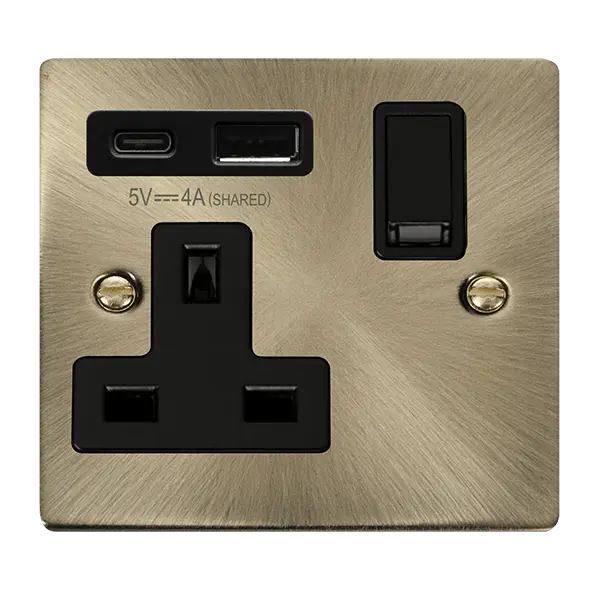 Click Deco Antique Brass DECO 'NON INGOT' 13A 1 GANG SWITCHED SAFETY SHUTTER SOCKET OUTLET WITH TYPE A & C USB (4A) OUTLETS - ANTIQUE BRASS - BLACK INSERTS with Black Insert – VPAB785BK