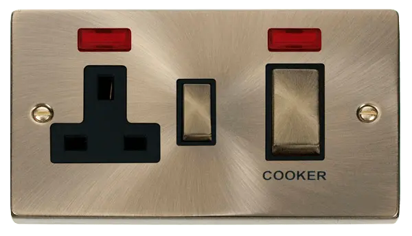 Click Deco Antique Brass Ingot 45A DP Switch + 13A Switched Socket & Neons (2) with Black Insert – VPAB505BK