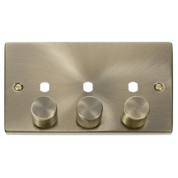 Click Deco Antique Brass VPAB 3 GANG DOUBLE DIMMER PLATE & KNOBS – VPAB153PL