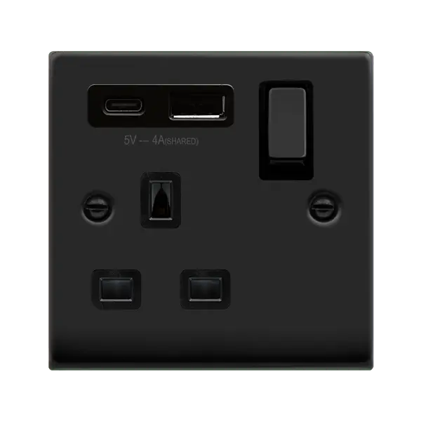 Click Deco Matt Black DECO 'INGOT' 13A 1 GANG SWITCHED SAFETY SHUTTER SOCKET OUTLET WITH TYPE A & C USB (4A) OUTLETS - METAL BLACK - BLACK INSERTS with Black Insert – VPMB585BK