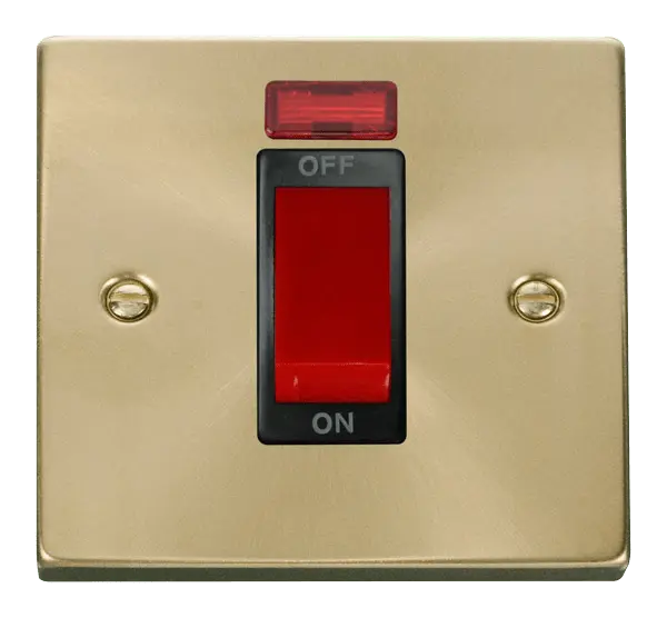 Click Scolmore Click Deco Satin Brass 1 Gang 45A Double Pole Switch with Neon with Black Insert - VPSB201BK