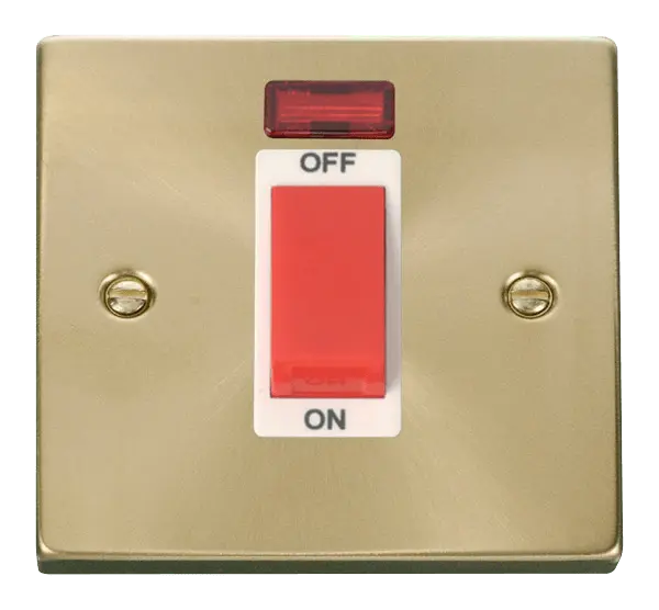 Click Scolmore Click Deco Satin Brass 1 Gang 45A Double Pole Switch with Neon with White Insert - VPSB201WH