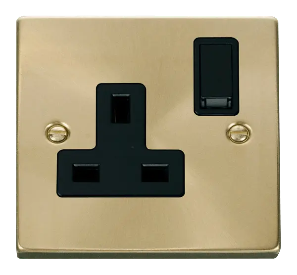 Click Scolmore Click Deco Satin Brass 13A Single Switched Socket with Black Insert - VPSB035BK