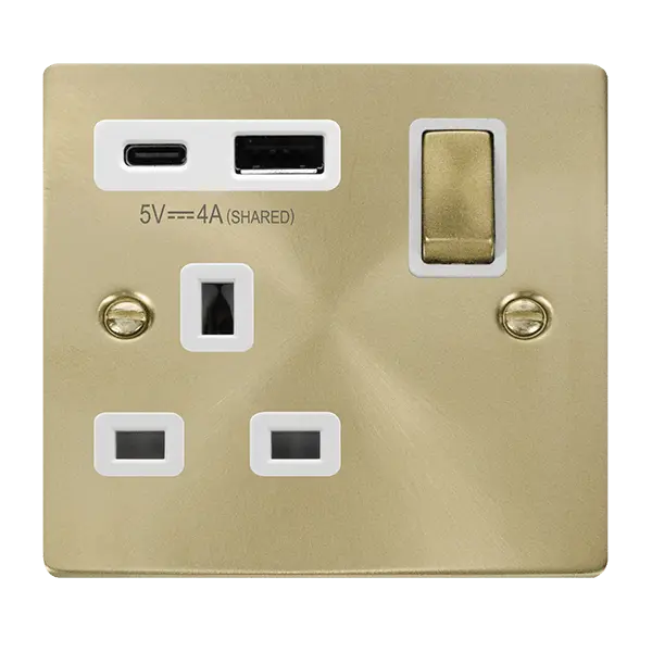Click Scolmore Click Deco Satin Brass 13A Single Switched Socket with Type A & C USB with White Insert - VPSB585WH