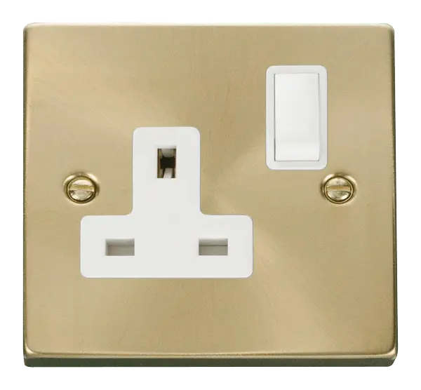 Click Scolmore Click Deco Satin Brass 13A Single Switched Socket with White Insert - VPSB035WH