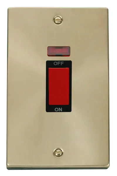 Click Scolmore Click Deco Satin Brass 2 Gang 45A Vertical Double Pole Switch with Neon with Black Insert - VPSB203BK