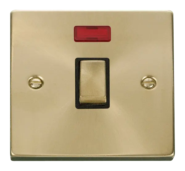 Click Scolmore Click Deco Satin Brass 20A Double Pole Switch with Neon with Black Insert - VPSB723BK