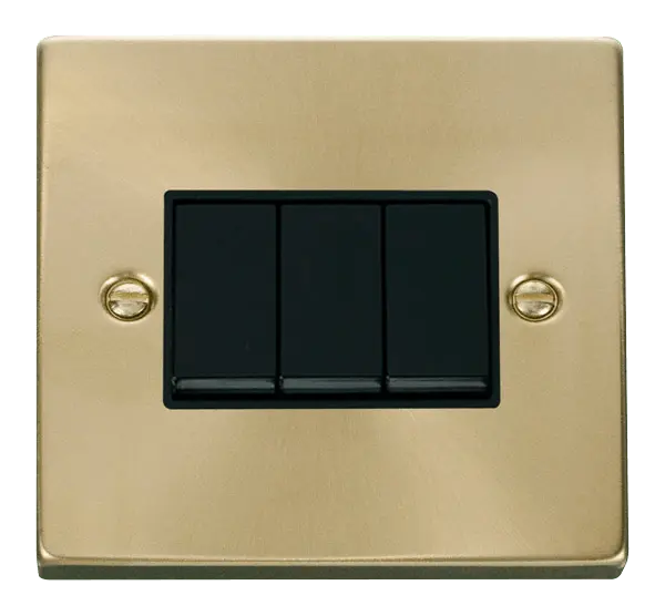 Click Scolmore Click Deco Satin Brass 3 Gang 2 Way Switch with Black Insert - VPSB013BK