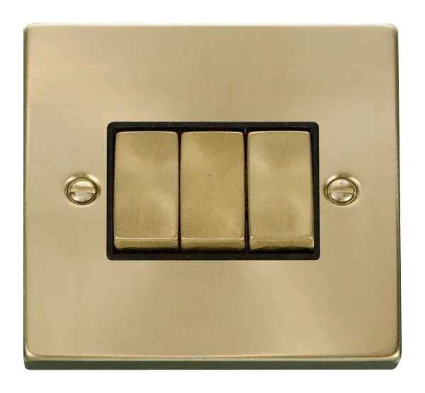 Click Scolmore Click Deco Satin Brass 3 Gang 2 Way Switch with Black Insert - VPSB413BK