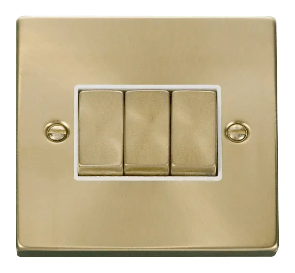 Click Scolmore Click Deco Satin Brass 3 Gang 2 Way Switch with White Insert - VPSB413WH