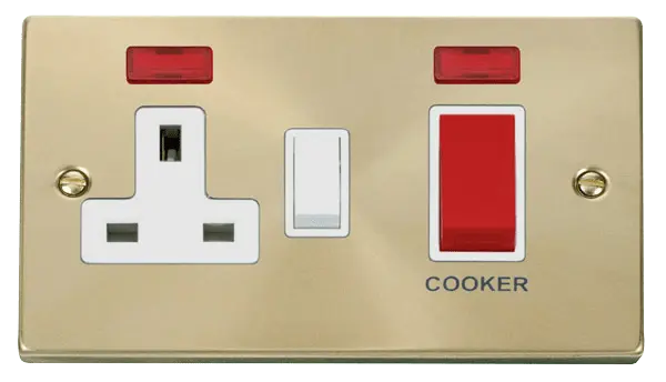 Click Scolmore Click Deco Satin Brass 45A Double Pole Switch with 13A Switched Socket and Neon with White Insert - VPSB205WH