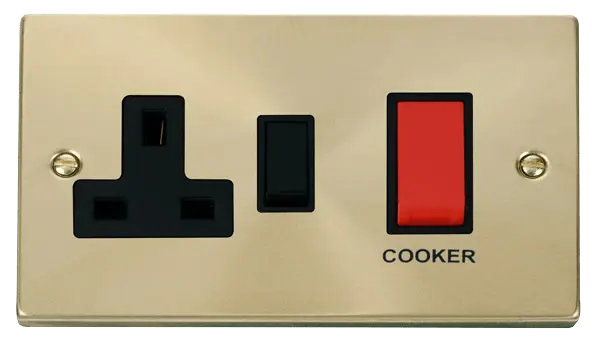 Click Scolmore Click Deco Satin Brass 45A Double Pole Switch with 13A Switched Socket with Black Insert - VPSB204BK