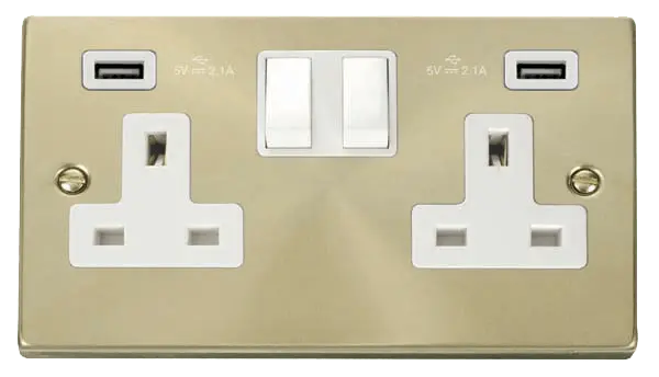 Click Scolmore Click Deco Satin Brass Twin USB Double Socket with White Insert - VPSB780WH