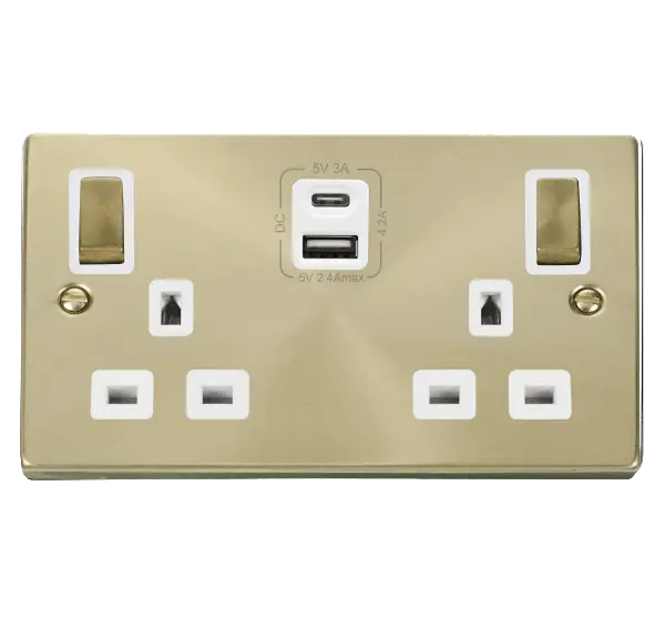 Click Scolmore Click Deco Satin Brass Type A & C USB Double Socket with White Insert - VPSB586WH
